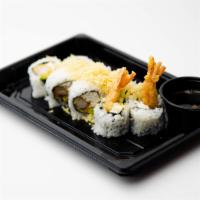Shrimp Tempura Roll · Shrimp tempura, crab mix, cucumber, topped with crunch bit, and eel sauce.