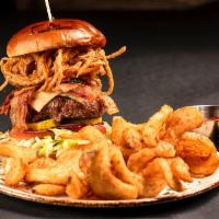 Texas Forever Burger (3/4 lb) · Served with bacon, pepper Jack cheese, jalapenos, fried onion springs, lettuce, tomato, and ...