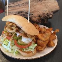 Po Boy · Shrimp or catfish, grilled or fried with lettuce, tomato, fried onion strings, and choice of...