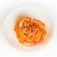 Bucatini All'Amatriciana · Afeltra bucatini, San Carlo guanciale DOP, mutti tomato sauce, chili, and pecorino romano DO...