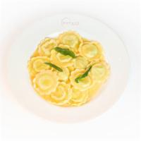 Ravioli di zucca · Butternut squash & ricotta filled pasta, sage, brown butter (Contains Wheat, Dairy, Fruit, a...
