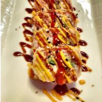 Snow Crab Lover · Avocado,cheese,fresh salmon, Snow crab w. soybean,deep Fried w.eel sauce, spicy mayo,chili s...