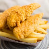Chicken Strips & Chips · 3 large pieces of large breaded and deep-fried chicken with choice of honey mustard, ranch d...