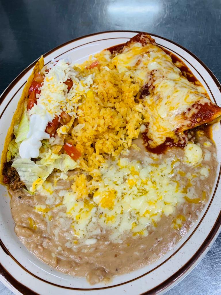 0. Speedy Gonzales Dinner Special · 1 hard taco and enchilada, rice and beans.