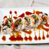 Spider Roll (1 Soft shell Crab) · Deep fried soft shell crab, cucumber, avocado, and topped with tobiko and sesame.