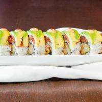 Grasshopper Roll (2 Tem Shrimp) · Shrimp tempura, crab meat, and topped with spicy tuna and avocado.