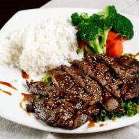 Beef Teriyaki (K-16) · Grilled beef with rice.