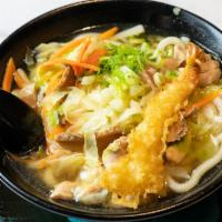 Nabeyaki Udon(K-30) · Shrimp tempura, chicken, vegetables and egg.
