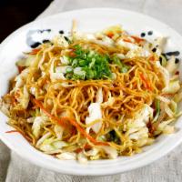 Yaki-Soba with chicken(K-21) · Japanese style stir fried thin egg noodles with chicken and vegetable.