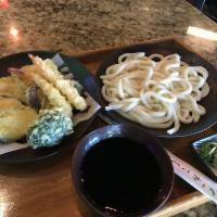 Bukake Tempura Udon(K-20) · Japanese cold rice noodles with tempura.