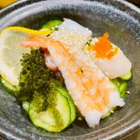 Sunomono  · Cucumber Salad with Ebi, scallop, Tako, and Okinawa Umibudo with home made vinegar dressing