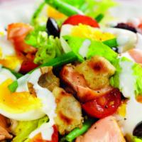 Smokehouse Salad · Grilled chicken, country ham, bacon, tomato, egg, mozzarella, mixed greens, tomatoes, onions...