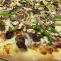 The Philly Pizza  · Philly meat, green pepper, onion, mushrooms, smothered in mozzarlla cheese.
