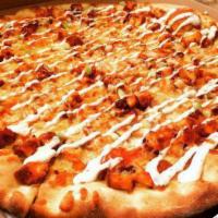 Buffalo Chicken Pizza · Buffalo sauce and grilled chicken topped with ranch and smothered in mozzarella.