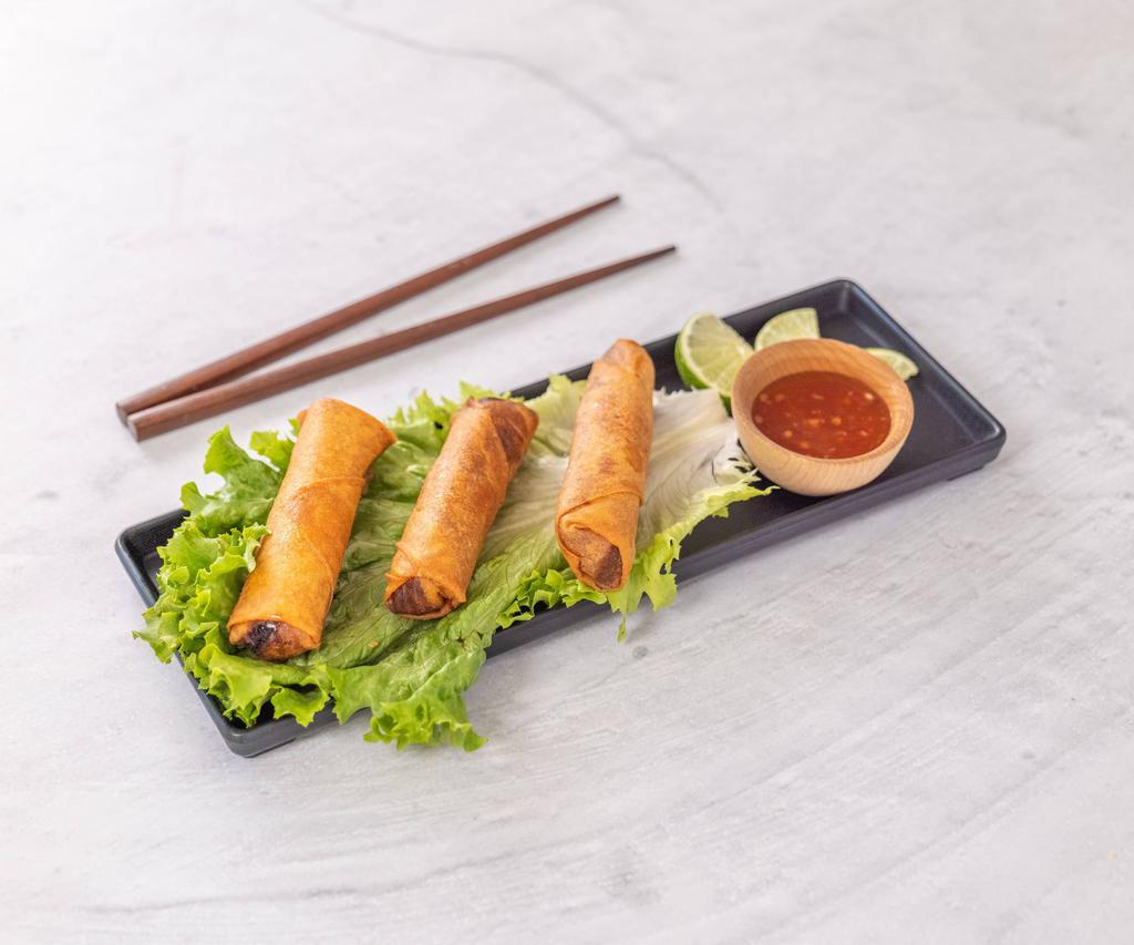 Cha Gio · 3 crispy rolls. Crispy rolls with ground pork, shrimp, glass noodles, ear mushroom and a side of nuoc mam.