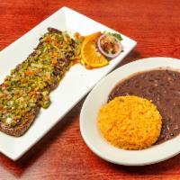 Churrasco Asado · Grilled marinated skirt steak. Served with rice, beans and tortillas OR your choice of any t...