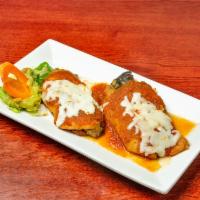 Chiles Rellenos · 2 poblano peppers stuffed with cheese  or any meat in a roasted tomato sauce; Served with ri...