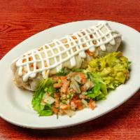 Bistec Burrito · Grilled steak. Large flour or whole wheat tortilla stuffed with rice, beans, cheese, pico de...