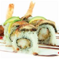 Ninja Roll · Shrimp tempura and cucumber inside, topped with eel, avocado and eel sauce.