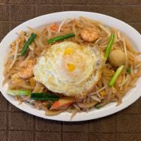 84. Lot Cha · Stir-Fry Rice Pin Noodle with Seafood and Fried Egg