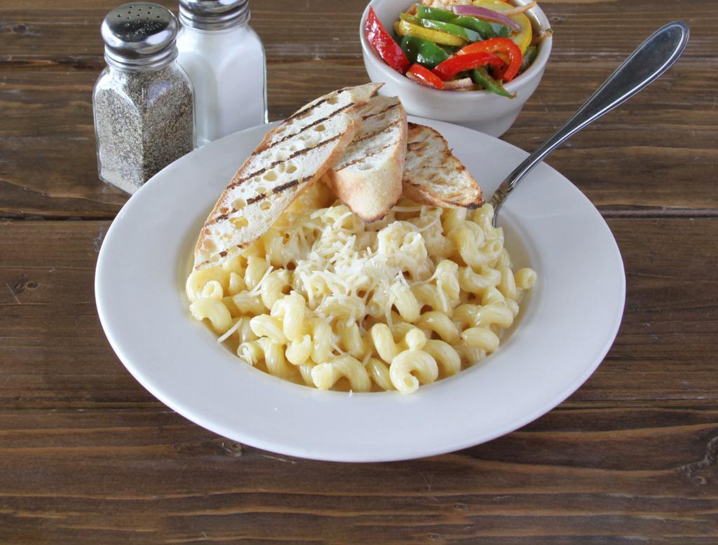 Mac and Cheese (Vegan or Vegetarian) · Made To Order, Served With Side Of Sauteed Veggies & Baguette.  

Vegan cheese sauce and/or gluten free red lentil pasta available.
