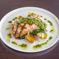 Mesquite Grilled Salmon · Garlic roasted fingerling potatoes, artichoke, spinach, sweet onions and parsley vinaigrette.
