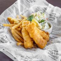 Fish and Chips · Wild Alaskan cod, pale ale beer batter, coleslaw, french fries and tartar sauce.