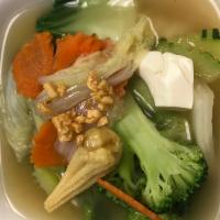 Clear Soup · Mixed vegetables, tofu and cilantro with clear broth top with fried garlic.