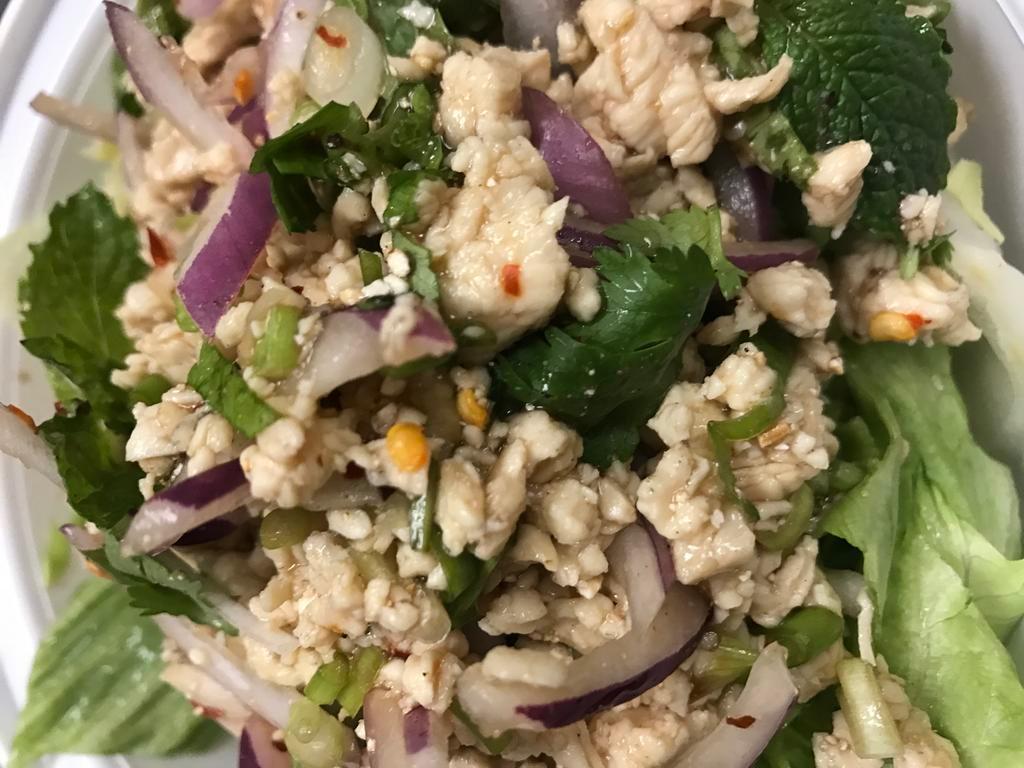 Laab Chicken Salad · Ground chicken mixed with onion, scallion, cilantro, fish sauce, chili lime juice and toasted rice powder. Mild.