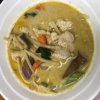 Green Curry · Served with spicy curry paste lightly sweetened, coconut milk, bell pepper, eggplant, bamboo...