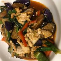 Spicy Brown Sauce · Sauteed with eggplant, bell pepper, scallion, basil leaves, roasted chili  Medium spicy. Ser...