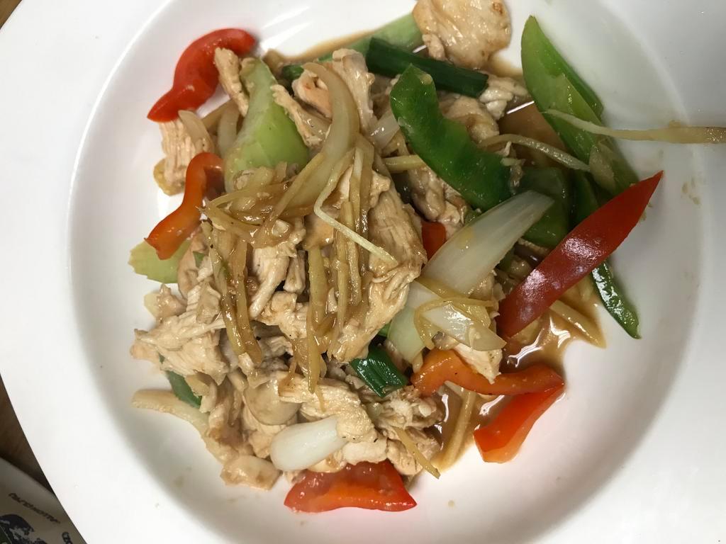 Healthy Ginger · Sauteed with onion, baby corn, bell pepper, mushroom, scallion and fresh ginger. Served with jasmine rice.