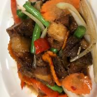 Pork Belly Basil · Crispy pork belly sauteed with bell pepper, onion, chili, string bean, carrot and basil leaves