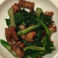 Pork belly with chinses broccoli · Sauteed with fresh garlic, Chinese broccoli, chili. Medium spicy. Served with jasmine rice. ...