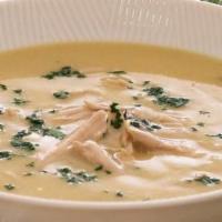 Avgolemono · Classic organic egg-lemon soup with chicken stack, vegetables and orzo.