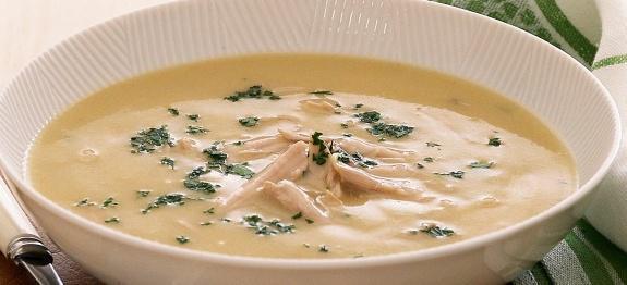 Avgolemono · Classic organic egg-lemon soup with chicken stack, vegetables and orzo.