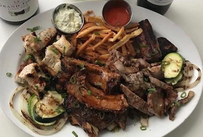 Mix meat grill  · For meat lovers ONLY .perfectly grilled chicken kebab , lamb kebab, ,gyro ,grill onions pepers and tomatoes fresh home cut FF green salad and tzatziki sauce !!!!! it is  your last meat party  before you turn  vegan .....
