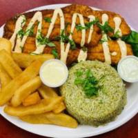 Pescado Frito · Fish filet flat grilled, served with two sides.