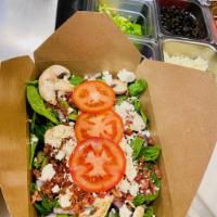 Spinach Salad · Fresh spinach, tomatoes, mushrooms, red onions, feta cheese, real bacon served with house dr...
