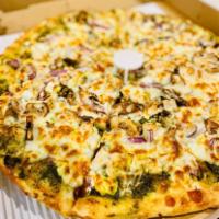 Chicken Pesto Pizza · Basil pesto sauce, chicken breast, red onions, mushrooms and goat cheese. Baked with mozzare...