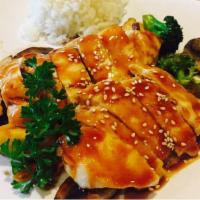 Chicken Teriyaki · Grilled chicken breast with teriyaki sauce. Served with miso soup, salad and steamed rice.