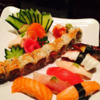 Sushi and Sashimi Combo Dinner · Chef's choice of 6 pieces sashimi, 7 pieces sushi and spicy tuna roll. Served with miso soup...