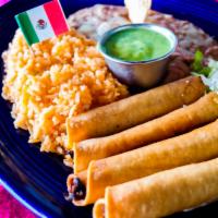 Taquitos · Shredded beef or chicken, sauteed with onions and tomatoes tightly rolled in 4 corn tortilla...
