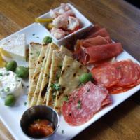 Meat & Cheese Plate · Reggianito, honey goat and camembert cheeses with prosciutto di parma, spicy salami and sopp...