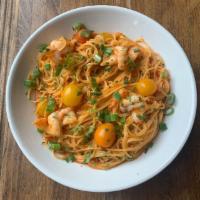 Spicy Shrimp Cappelini · Spicy tomato sauce, shrimp, scallions, baked with angel hair.