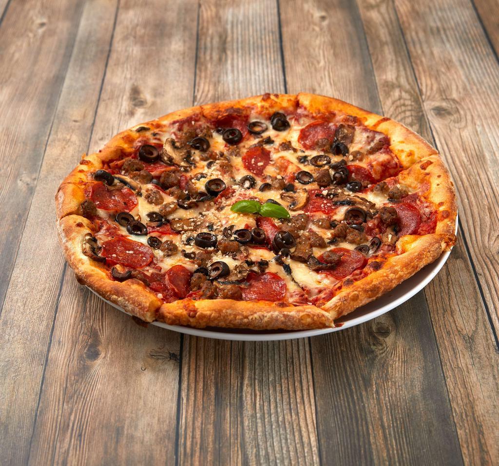 New Yorker Pizza · Pepperoni, sausage, mushrooms, black olives, mozzarella cheese and tomato sauce.