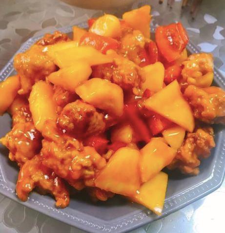 Sweet and sour pork with pineapple  怀旧菠萝咕咾肉 · deep-fried sweet and sour pork stir-fried with pineapples and house sauce 