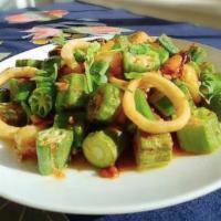 Fried Seafood with okra 秋葵海鲜一族 · fried seafood with okra and house special ingredients 