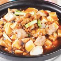 Chicken Tofu Claypot 咸鱼鸡粒豆腐煲 · chicken with tofu and other house speical ingredients in claypot 