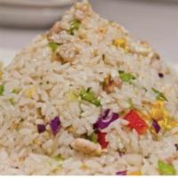 Fried rice with salted fish and chicken 咸鱼鸡粒炒饭 · salted fish, chicken, and fried rice 